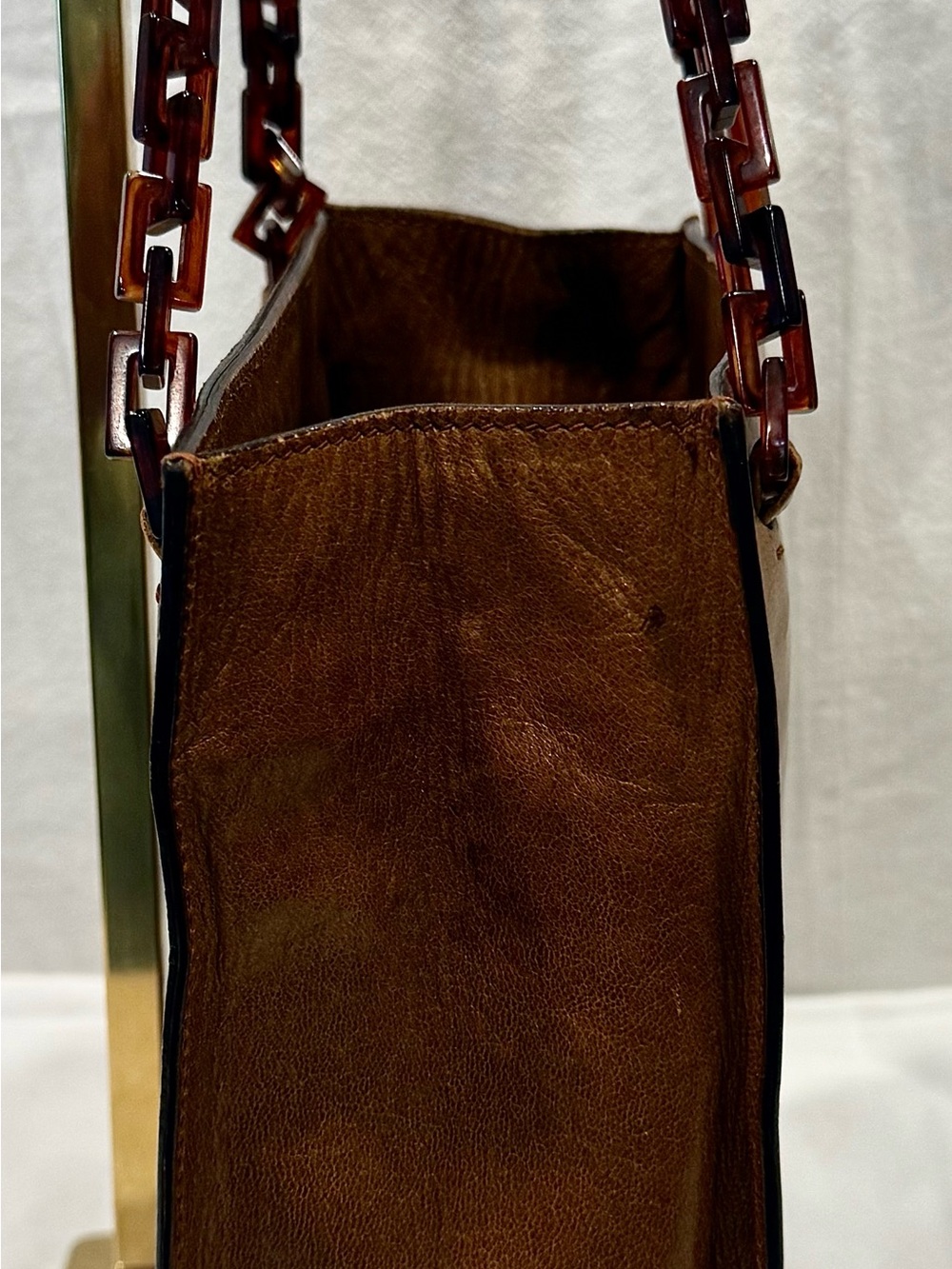 Y2K Prada Brown Leather Tote Or ShyBag with Tortoiseshell Chain Straps - Picture 5 of 11